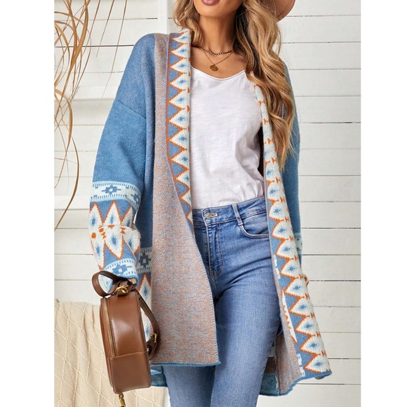 Blue Cardigan Aztec Western Bohemian Print Knit Long Sleeve - Picture 13 of 16